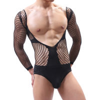 Mens Sexy Deep V-Neck Open Chest Long Sleeve Transparent Mesh Bodysuit Tops Dance Clubwear Sex Costume Jumpsuit