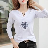 2022 New V Neck 100% Cotton T Shirt Woman Autumn Fashion Long Sleeve Shirt Womens T-shirt Loose Korean Style Women Shirts #1077