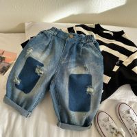 [COD] Childrens jeans 2023 squinting eyes spring new boys and girls ripped baby straight trousers