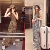 B13087 จั้มสูทคล้องคอลายม้าลาย + หมวก Bucket Zebra Print Halter Neck Jumpsuit + Bucket Hat