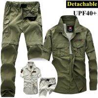 5XL ชายแห้งเร็วที่ถอดออกได้เสื้อเชิ้ตกางเกงสูทตะข่ายระบายอากาศข้างนอกกีฬาเดินป่าเสื้อเชิ้ตแขนยาวเสื้อผ้าทหารลายอำพราง