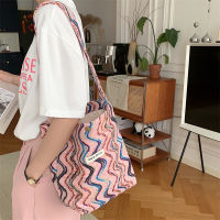 33183 Vacation Style Rainbow Striped Shoulder Bag Spring/Summer New Tote Bag Thick Cotton Small Shoulder Bag