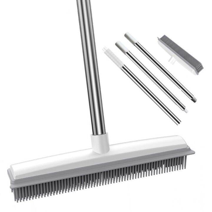 Rubber Broom Carpet Rake with Squeegee Long Handle for Pet Hair Fur