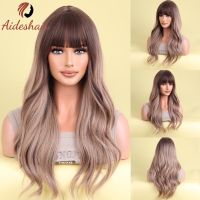 Aideshair Brown Blonde Long Wavy Synthetic Wigs with Bangs Natural Gray Ash Hair Wig for Women Daily Cosplay Wig  Hair Extensions Pads