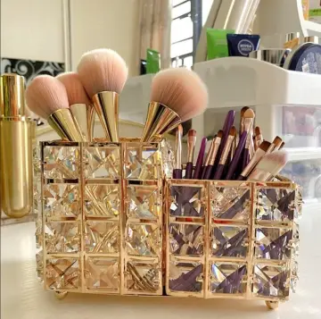 Makeup Organizer Luxury Gold Metal Glass Brush Acrylic Desk