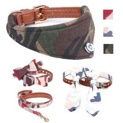 （PAPI PET） Camouflage Dog Collar Leash สัตว์เลี้ยงขนาดเล็ก Cat Bandana Bow Tie หนังน่ารัก Collier Chain น่ารักสำหรับ Big DogsTeddy Chihuahua Personized