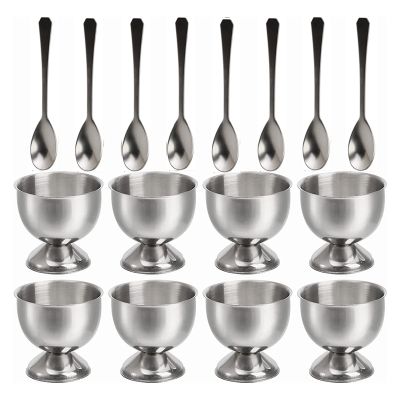 8 Pack Egg Cup Holders with 8 Spoons, Stainless Steel Egg Cups Set for Soft &amp; Hard Boiled Eggs, Kitchen Tools