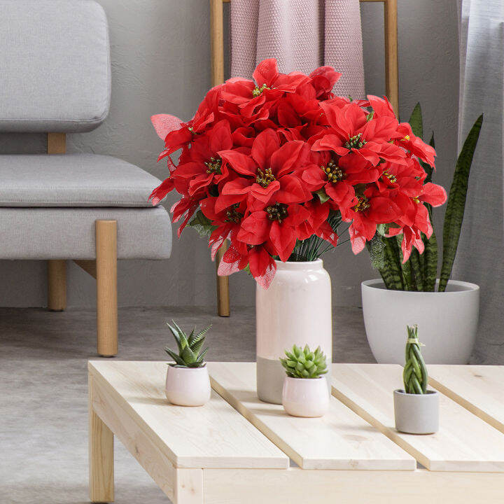 poinsettia-ช่อดอกไม้ตกแต่งจำลองใบดอกไม้ผ้าไหม-โฟมพลาสติกลวดสีแดงสำหรับในร่มกลางแจ้งเครื่องประดับต้นคริสต์มาสของตกแต่งต้นคริสต์มาสความงาม