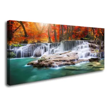 Fall Tree Forest Pictures Canvas Print Black and White Red Waterfall Autumn  Landscape Painting Wall Art for Home Living Room Bedroom Decorations