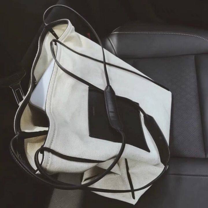 tote-bag-jil-sander-large-capacity-black-and-white-stitching-genuine-leather-canvas-cool-ladies-beach-bag