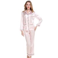 Womens Autumn Silk Long-sleeved Trousers Pajamas Set Turn Down Button Silk Home Wear Elastic Pocket Sleepwear