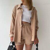 【JH】QWEEK Casual Sleepwear Cotton Pajamas for Women Turn-Down Collar Sleep Tops Suits with Shorts Gauze Cardigan Homewear Summer