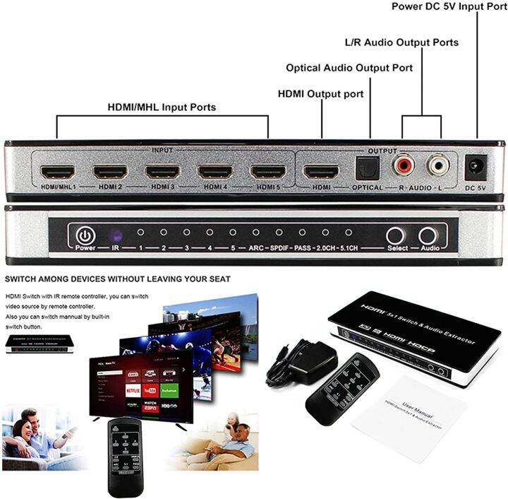 5x-เครื่องแยกสัญญาณเสียงสวิตช์-hdmi-1ชิ้นตัวเลือกสวิตช์สวิตช์-hdmi-5-in-1-out-4k-พร้อม-arc-audio-ออปติคัล-r-l-เสียงออกด้วยรีโมท-ir-เครื่องแยกสัญญาณเสียง