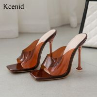 Kcenid Brown Slides Women Slippers Fashion Transparent Perspex Heel Ladies Shoes Square Toe High Heel Sandals Summer Party Shoes