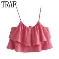 TRAF 2023นัวเนียสีชมพูด้านบนหญิงแขนกุดเปลือยพืชยอดนิยมผู้หญิง Ruched เซ็กซี่หนึ่งตัวถัง Y2k Streetwear ฤดูร้อนท็อปส์ยกทรง