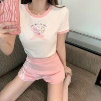 Cute TShirt Women Summer Pink Bow Short T-shirt for Sweet Girl Y2k Aesthetic Harajuku Kawaii Clothes Female White Tops Tee