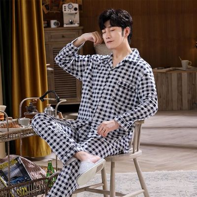 MUJI High quality mens young and middle-aged pajamas summer thin pajamas cotton long-sleeved spring and autumn loose going out home service suit winter