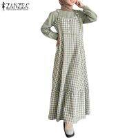 COD DSTGRTYTRUYUY ZANZEA Women Muslim Casual Check Holiday Beach Swing Maxi Dress