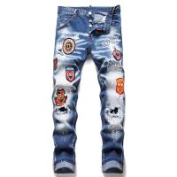 DSQUARED2 Brand Mens Jeans Mens Fashion Slim Elasticity Ripped Denim Pants DSQ Badge Embroidery Hip Hop Blue Hole Denim Trousers