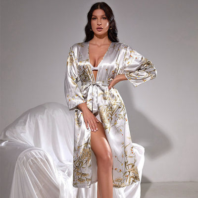 Summer Sexy Lady Silk Night Gown Mid-sleeve Long Lace-up Bathrobe Dressing Gown Fashion Thin Homewear Satin Robes for Women