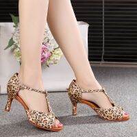 [Spot] Leopard Adult Latin Dance Shoes Middle Heel Dancing Shoes 5cm 7cm Soft Bottom Half Palm Indoor