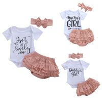 Newborn Baby Girls Outfit Summer Short Sleeve Collar Letter Romper Ruffle Short Pant Bow Headwear 3Pcs Set  by Hs2023