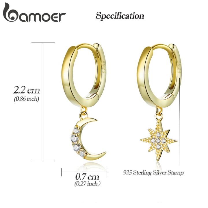 bamoer-925เงินสเตอร์ลิงแท้ดวงจันทร์และดาวต่างหูตุ้งติ้งกับเสน่ห์ชุบทองแฟชั่นใหม่ต่างหูห่วง-sce785