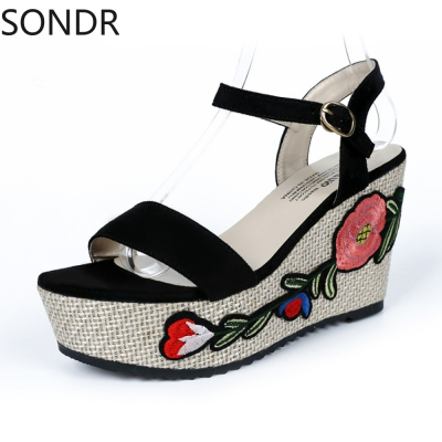 Womens Platform Emboridery Floral Sandals Wedge High Heel Slingbacks Shoes Summer Peep Toe 3Colors Girls New