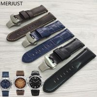 24mm Handmade Black blue Stitched Genuine Calf Leather Watch Strap Band For deployment buckle Watchband Strap for Panerai PAM