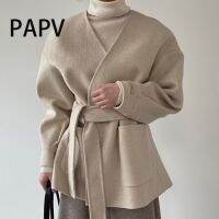 Papv เสื้อโค้ทสั้น ผ้าขนสัตว์ แขนยาว คอวี มีกระเป๋า ขนาดใหญ่ 7245 whk