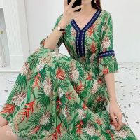 COD DSFGRDGHHHHH Spring Summer Floral Ethnic Style Long Skirt V-Neck Ruffled Beach Three-Quarter Sleeve Dress Vintage High Waist Large Swing