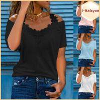 เสื้อยืดสีทึบฤดูร้อนแขนสั้น I-HALCYON เสื้อสตรีแต่งลูกไม้เสื้อเสื้อผู้หญิงผู้หญิง