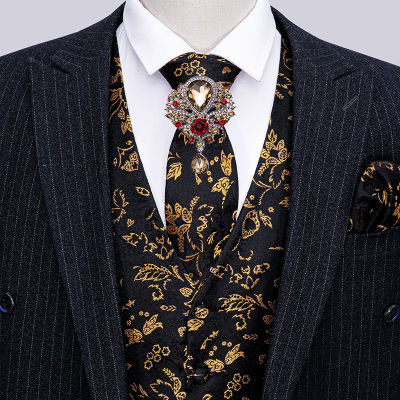 Barry.Wang Gold Floral Waistcoat for Men Slim Suit Vest Silk Vest Necktie Set Handkerchief Cufflinks Formal Vest for Business