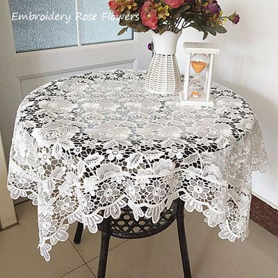 Popular white rose flowers Embroidery table cloth cover wedding tea coffee dining tablecloth kitchen party Christmas home decor