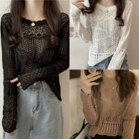 ? เสื้อถักไหมพรมคอกลม แขนยาว ซีทรูฉลุลายเกาหลี สินค้าพร้อมส่ง ( E207 )-C