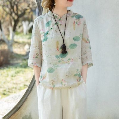 2023 Summer Cotton And Linen Chinese Style Vertical Collar Bead Button Shirt Womens Loose Casual Thin Ramie Sleeve Top