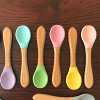 Feeding Wooden Handle Silicone Spoon For Baby Utensils Eat Soild Food Kids Training Manipulative Ability Childrens Tableware Bowl Fork Spoon Sets