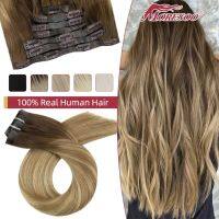 Moresoo PU Clip in Extensions Real Human Hair Straight Seamless Invisible 7pcs Balayage Ombre #3/8/22 Machine Remy Hair Natural