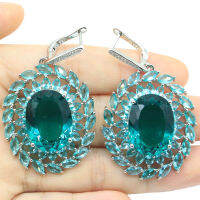 55x31mm Delicate Fine Cut Big Heavy 21g Blue Aquamarine CZ Ladies Engagement Silver Earrings Eye Catching