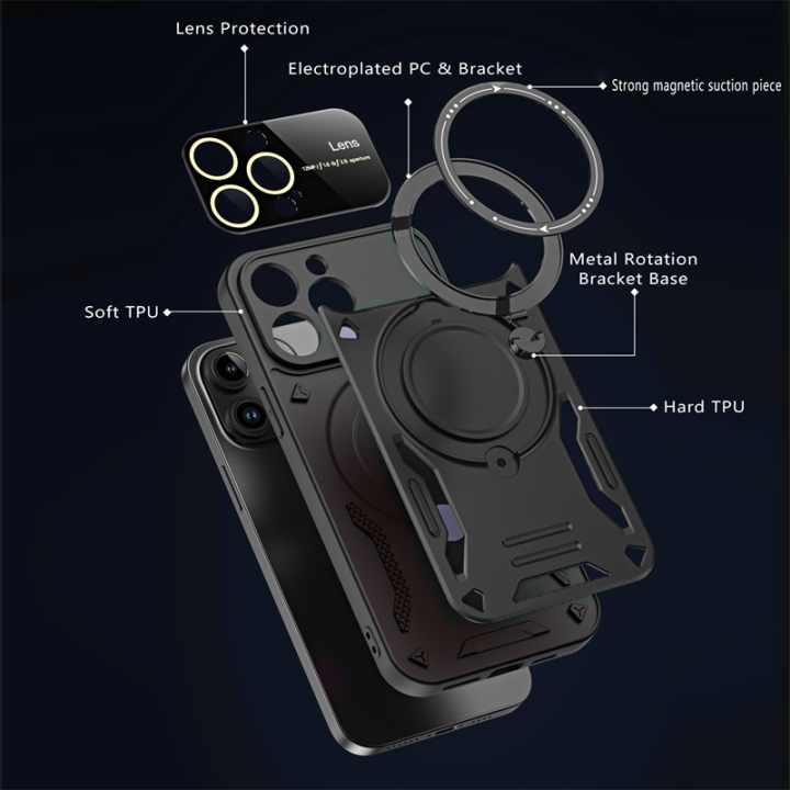 เคสป้องกันฟิล์มเลนส์หน้าต่างขนาดใหญ่ราวโลหะแบบหมุนได้หรูหราสำหรับ-iphone-15-pro-max-14-plus-13-pro-12-11-pro-max-magsafe-ฝาครอบกันกระแทกหุ้มเกราะที่ชาร์จแบบไร้สาย
