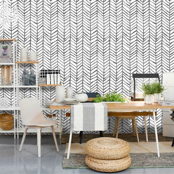 24-home-accessories-hapyline-modern-stripe-peel-and-stick-วอลล์เปเปอร์-herringbone-black-white-vinyl-self-adhesive-contact-paper-สำหรับผนังห้องนอน