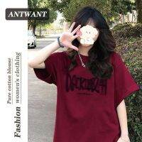 ✹ 100 non-pilling wine red เสื้อยืดแขนสั้นผู้หญิงฤดูร้อนสไตล์ใหม่ทรงหลวม American retro tops