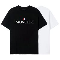 Monclerosity เสื้อยืดแขนสั้นผ้าฝ้ายพิมพ์ตัวอักษรตัวอักษรสำหรับผู้ชายและผู้หญิงรอบคอหลวมกีฬาลำลองแขนสามส่วนของคนรักเกาหลี