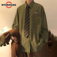 KYUSHUAD เสื้อแขนยาวสีเขียววินเทจทรงหลวมของผู้ชายเสื้อแขนยาวลำลองบางๆที่สามารถสวมใส่ด้านนอกได้