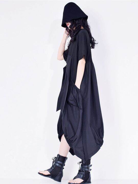 xitao-dress-irregular-patchwork-casual-tassels-dress-short-sleeve-draped-loose-t-shirt-dress