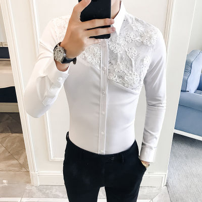 England Ho Wind  Autumn And Winter Korean Man Long Sleeve Shirt Lace Lace Split Joint Hairstyle Division