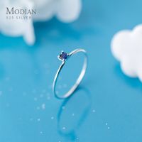 {BUSA Fashion Accessories} Modian Classic Simple Stackable Finger Slim Ring For Women ของแท้925เงินสเตอร์ลิงคริสตัลสีฟ้าแหวนเครื่องประดับ Fine Bijoux