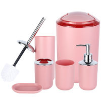 iMucci 6pcs Luxury Bathroom Accessories Plastic Solid Color Toothbrush Holder Cup Soap Dispenser Toilet Brush Trash Can Set