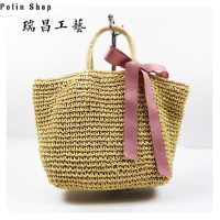 เชือกกระดาษแบบพกพากระเป๋าฟางร้าน Polin มีกระเป๋าสะพายชายหาดแบบคาดบ่าในสต็อก