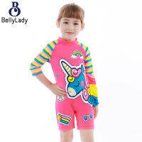 2pcs/set Baby Girls Cartoon One-piece Swimsuit + Sun Hat Long-sleeved Back Zip Stand-up Collar Sunsuit Swimwear Bathing Suit With Hat【fast】